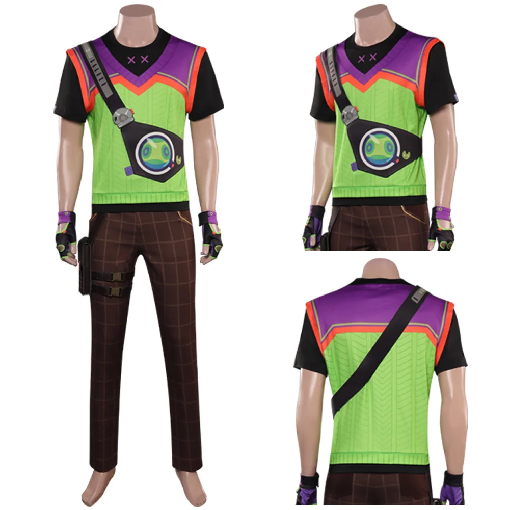 

Костюм для косплея VALORANT Гекко, Мужская футболка, брюки, сумка, наряды, Хэллоуин, карнавал, вечерние, Маскировочный костюм