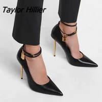 padlock ankle strap solid pumps women dress shoe pointed toe thin high heel shallow buckles pump summer spring party office shoe