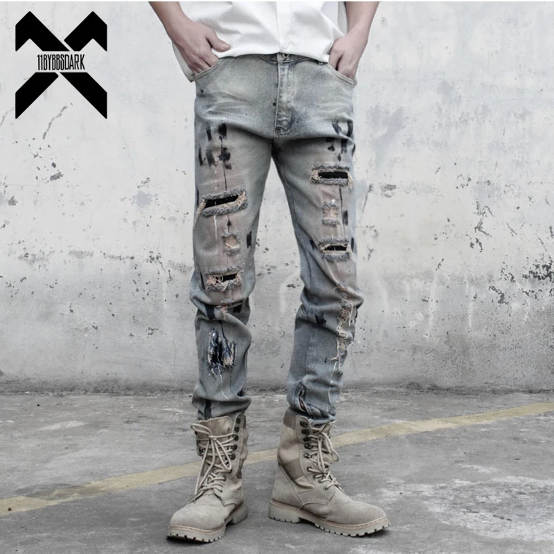 

11 BYBB'S DARK 2022 New Vintage Ripped Skinny Jeans Pants Men Streetwear Hole Biker Jeans Hip Hop Denim Trousers WB608