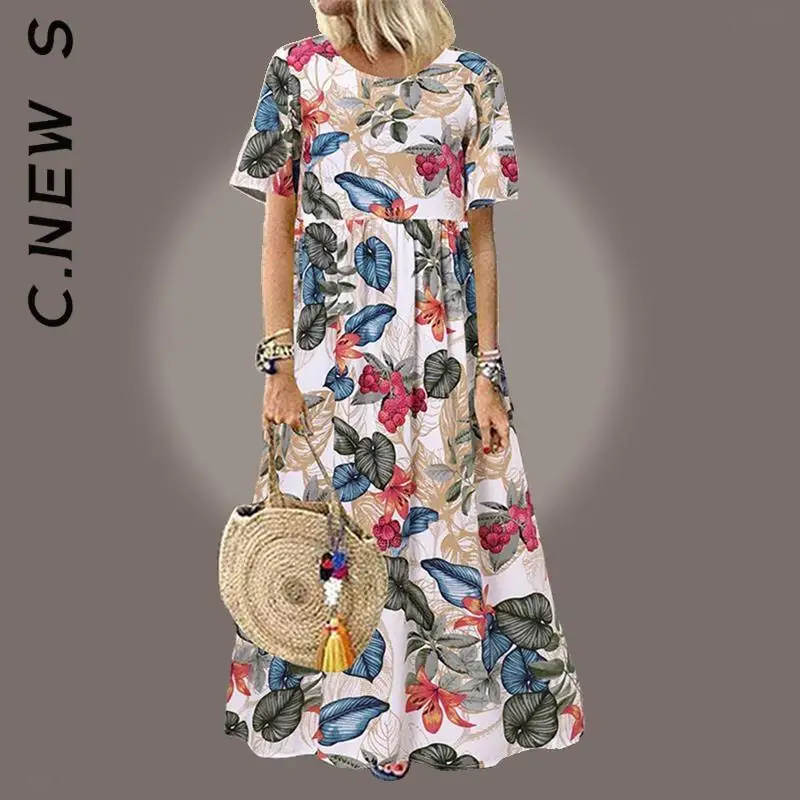 

C.New S Dress New Women Chic Floral Printed Short Sleeve Beach Dress Vintage Cheap Robe Elegant Korean Vestidos Dress Woman