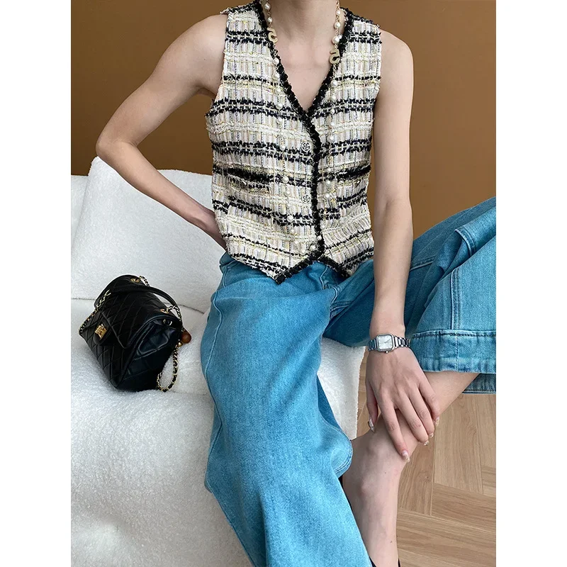 Женский твидовый жилет с V-образным вырезом без рукавов