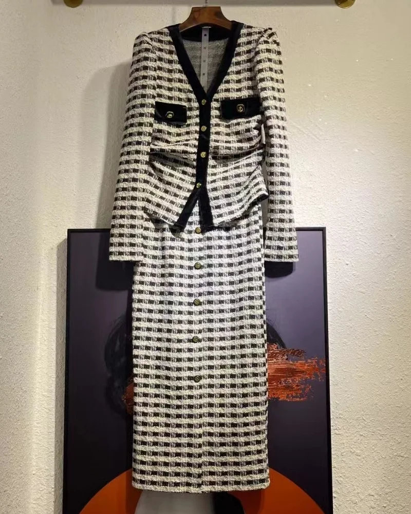 Женский трикотажный Костюм-двойка бархатный кардиган с V-образным вырезом и юбка