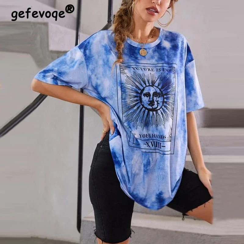 

Vintage Harajuku Tie Dye Letter Sun Print Loose Tunic Top Female Casual Streetwear Oversized T-Shirt Women 2022 Summer Clothing