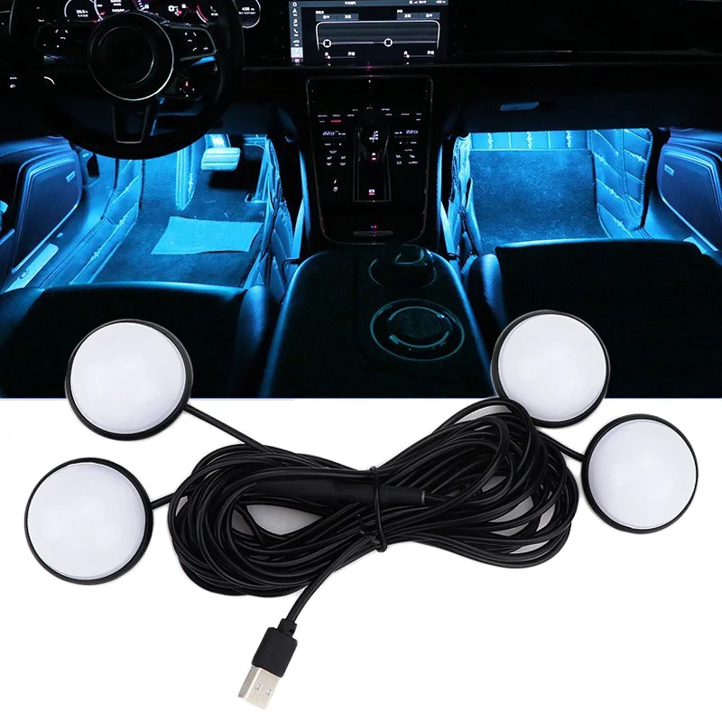 4 IN 1 Car LED Ambient Lights Car Interior Foot Atmosphere Decoration Lamp Ice Blue Star Bulb USB Night Light