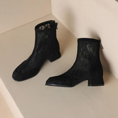 Женские сетчатые ботинки Phoentin на низком каблуке, с квадратным носком, с цветочной вышивкой, на молнии сзади, FT3383, лето 2024