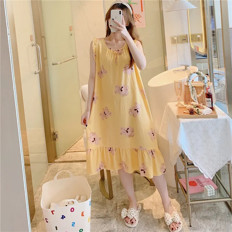 2023 Korean Princess Style Dress Cute Loose Artificial Cotton Homewear Cotton Silk Nightdress Women