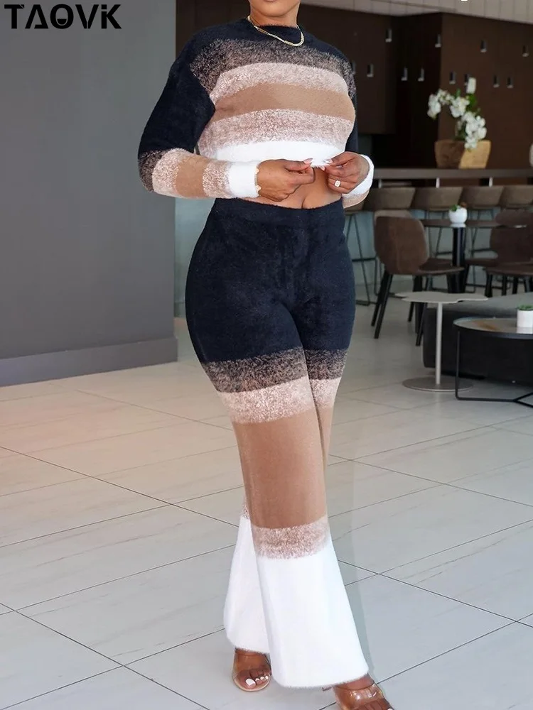

TAOVK Women Autumn Winter Knitted Contrast Pants Suits Crop Tops Pullovers Sweaters +Wide-leg Trousers Two-piece Sets Female