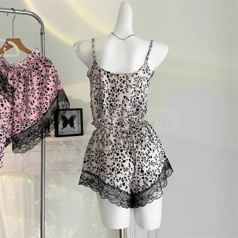 Леопардовый кружевной топ и шорты с принтом сексуальные женские пижамы на
