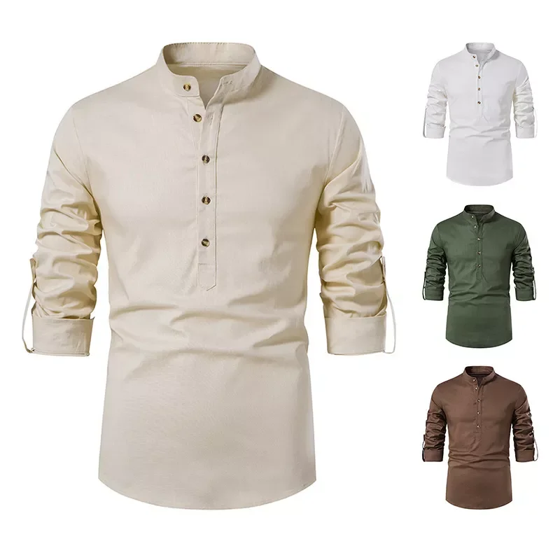 New2022 New Men's Slim Fit Cotton Linen Shirts Male Solid Color Long Sleeve Breathable Linen Shirt Tops S-2XL