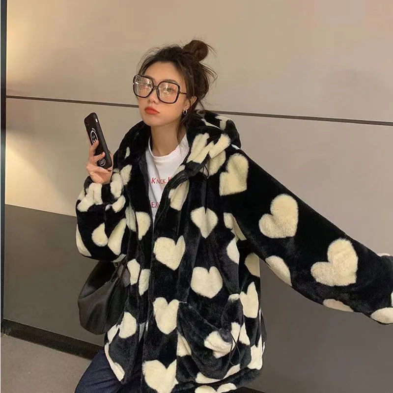 Thickened Faux Rabbit Fur Coat Pink Love Print Hoodie Sweatshirt Cotton Jacket 2022 New Casual Loose Long Sleeve Fur Coat Women