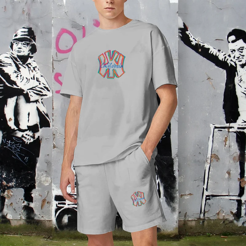 Summer Men's Two Piece Set Pure Cotton Casual T-Shirt Short Set Mens Sports Suit Fashion Short Sleeve Loose Breathable Tracksuit