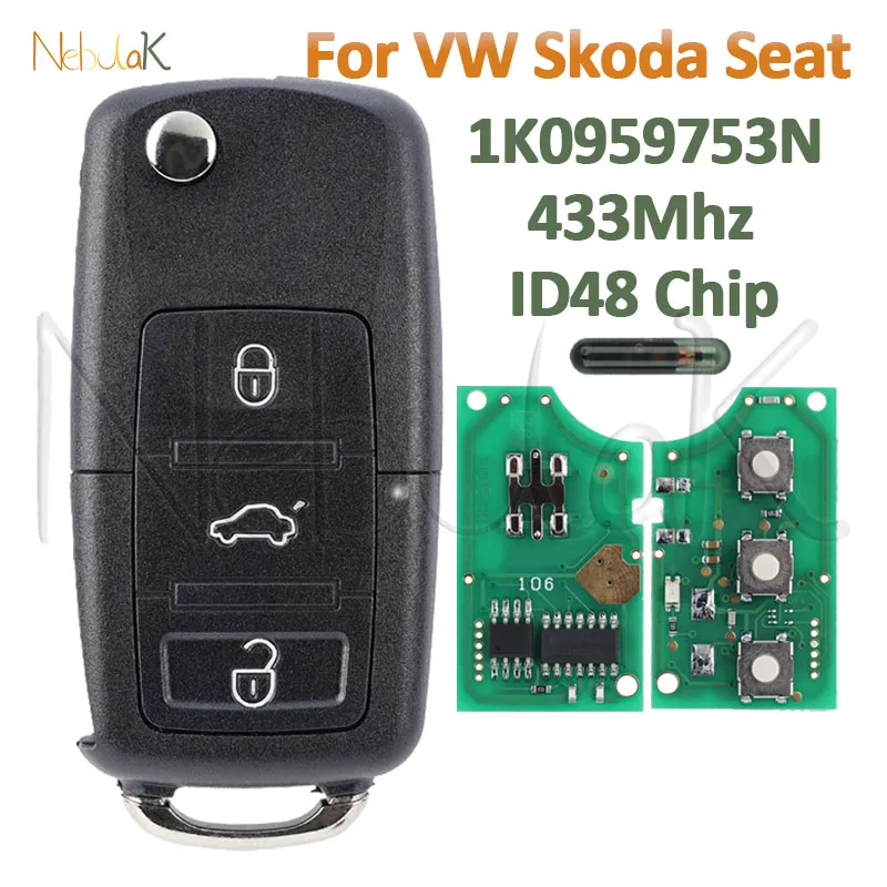 

1К 0959753 N дистанционный ключ для Volkswagen VW Tiguan PASSAT B5 B6 Skoda CADDY GOLF JETTA POLO HU66 лезвие автомобильный брелок 433 МГц ID48 чип
