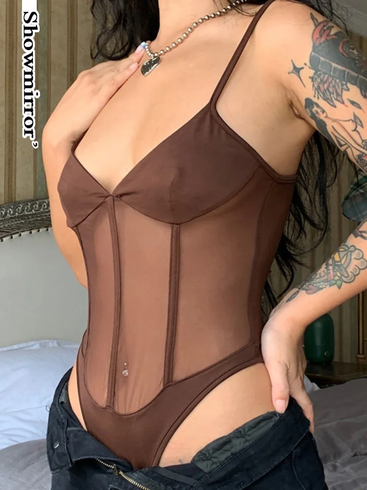 

Облегающее Сетчатое боди с V-образным вырезом в стиле пэчворк, сексуальная клубная одежда, Женский праздничный коричневый комбинезон для но...