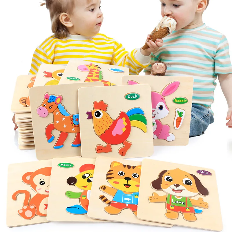 Montessori Wooden 3D Puzzle Jigsaw Toys for Children Cartoon Animal Vehicle Wood Puzzles Intelligence Kids Baby Educational Toy