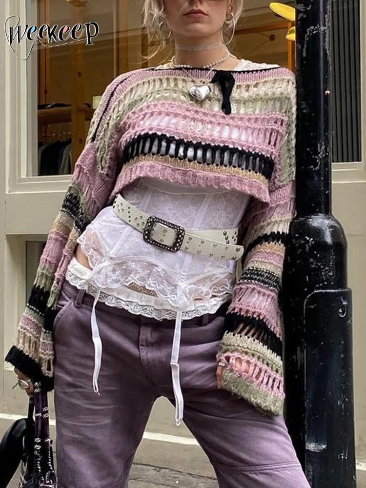 

y2k Cute Crochet Sweater Grunge Hollow Out Streetwear Loose Full Sleeve Jumpers Smock Fairycore Women Pullovers Goth Top