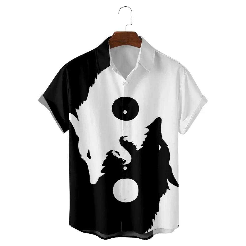 

Tai Chi Yin Yang Black and White Wolf Print Gothic Style Shirt Casual Harajuku Japanese Men's and Women's Summer Short Sleeve Sh