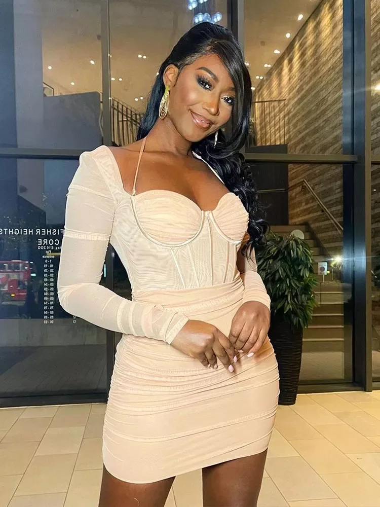 

2022New Quality Autumn Long Sleeve Bodycon Dress party Sexy 2022 Casual dress Mini Mesh Dress Halter Boning Corset Dress Club Dr
