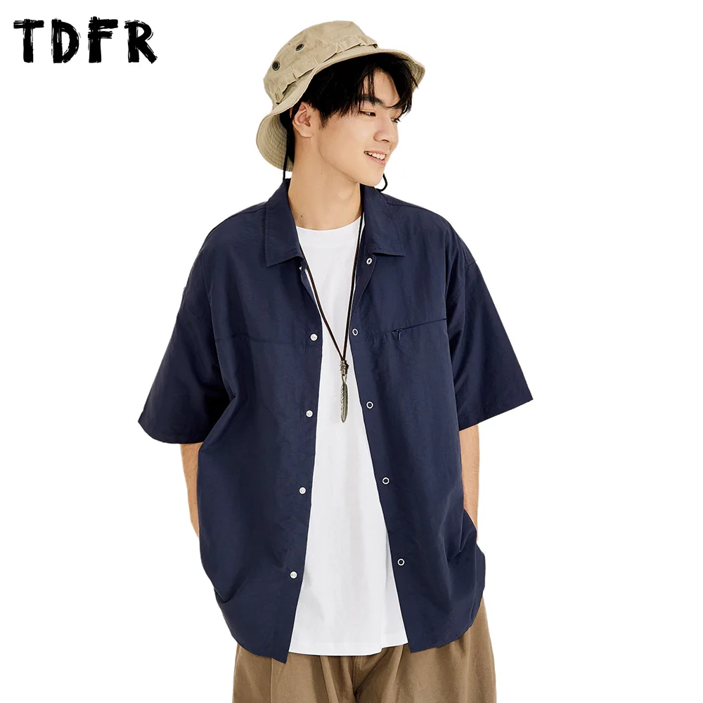 

Solid Color Cargo Short Sleeve Shirts Mens Summer Amekaji Lapel Loose Split-Hem Half-Sleeve Shirt Men