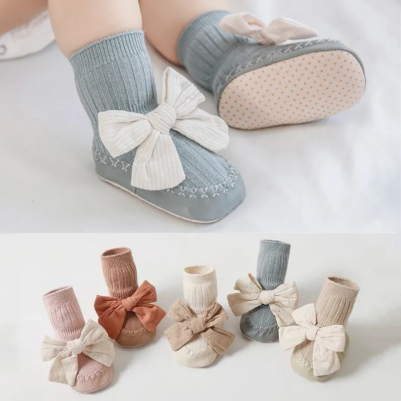 Spring Autumn Baby Socks Shoes Newborn Baby Bowknot Leather Sole Socks Infant Anti Slip Soft Cotton Toddler Floor Sock Shoes