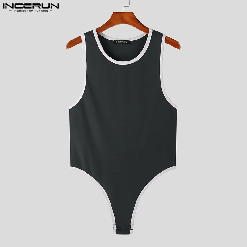 INCERUN 2023 Men Bodysuits Patchwork Skinny Sexy O-neck Sleeveless Rompers Tank Tops Cozy Pajamas Summer Male Bodysuit S-5XL