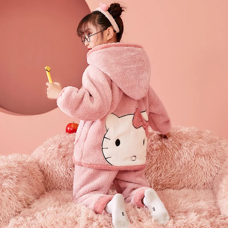 

Детские пижамы Hello Kitty, милые зимние плюшевые утепленные коралловые флисовые кардиганы с капюшоном для девочек, домашняя одежда, подарок на ...