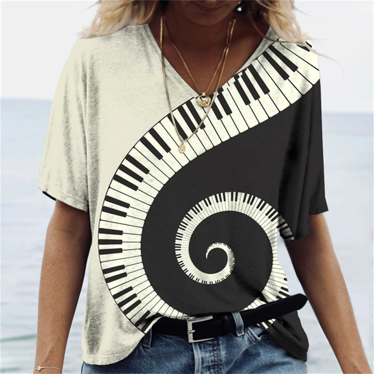 

2023 Women's T-shirt Piano V-neck Top Ladies Fashion 3d Print Short Sleeve T Shirt For Women Streetwear Harajuku Female Shirts