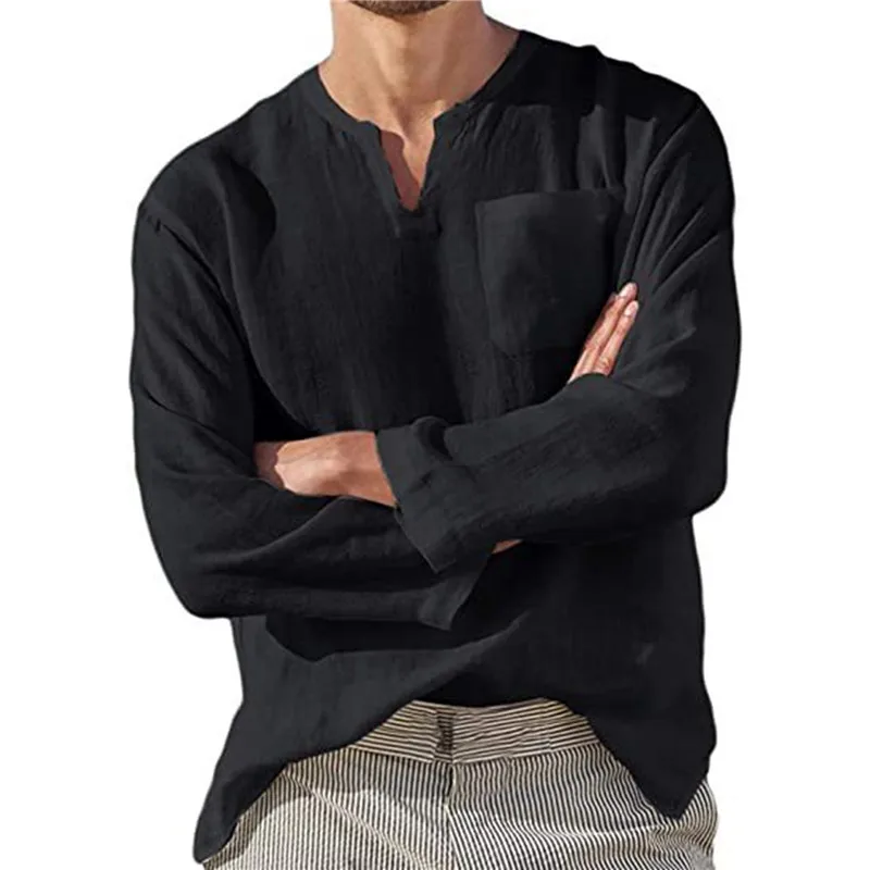 

Футболка мужская с V-образным вырезом, стильная тенниска с карманами и длинными рукавами, универсальная рубашка из хлопка и льна, уличная од...