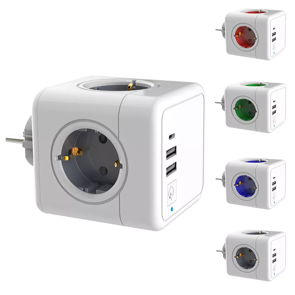 

16A 250V EU Plug Electrical Socket 2 USB Ports PD Charging 4 Outlets Extension Home Travel Cube Power Strip Adapter With Switch