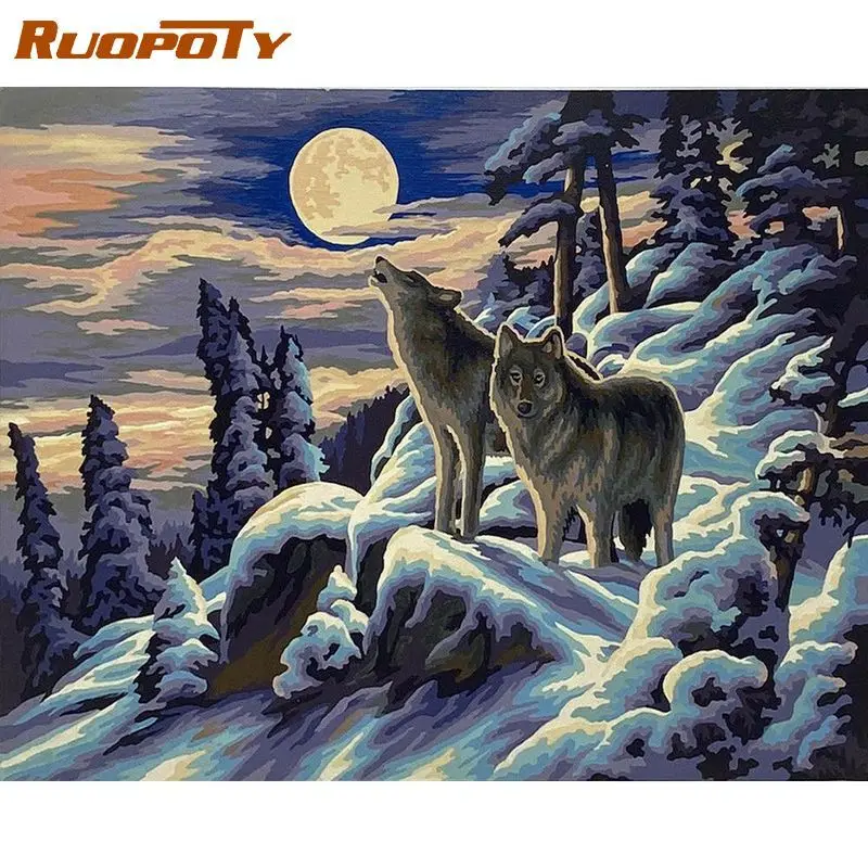 

RUOPOTY Modern Painting By Numbers With Frame For Adults Wolf Animals Acrylic Handpainted Coloring By Numbers Diy Gift 60x75cm