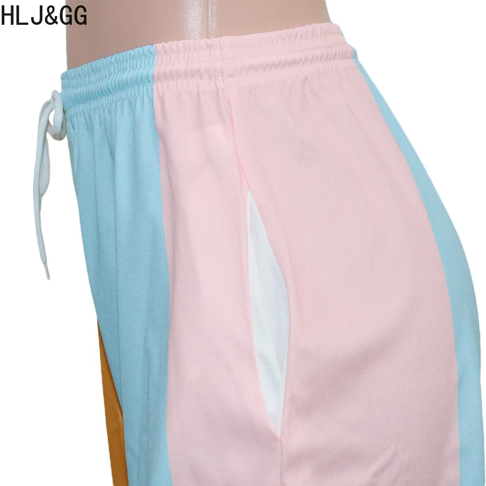 HLJ&GG Casual Multicolour Stitching Drawstring Shorts Women High Waist Loose Party Holidays Clothing Summer Female Pocket Shorts