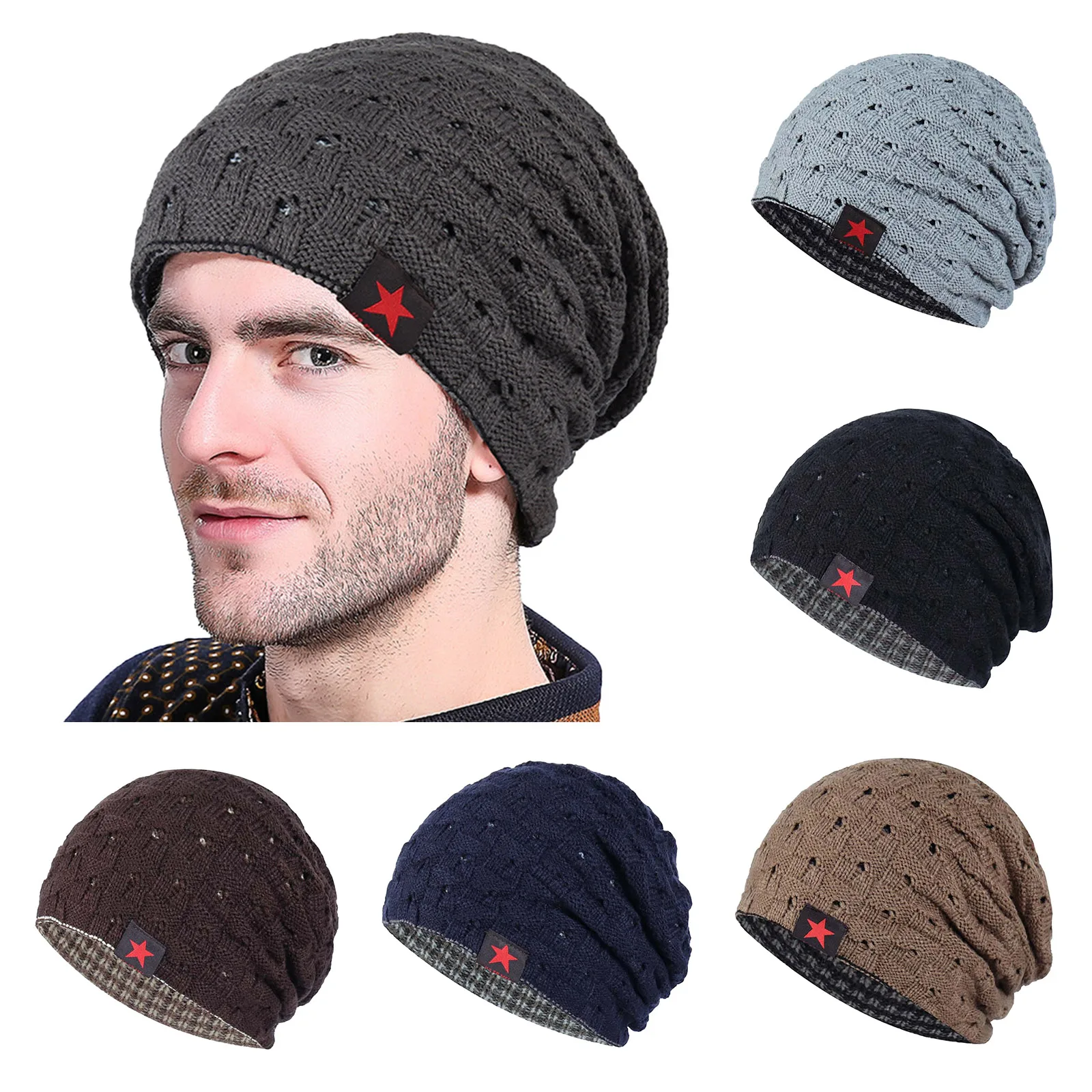 

Winter Warm Chunky Checked Knit Women Reversible Baggy Snow Cap Warm Unisex Hat Trapper Hat Mens Heated Winter Hats for Men
