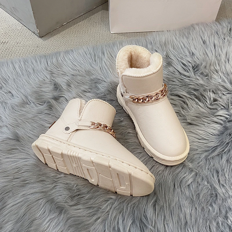 Non-Slip Snow Boots Women Shoes Woman Martin Boots Platform Metal Chain Warm Velvet Short Lattice Luxury Designer Beige Black