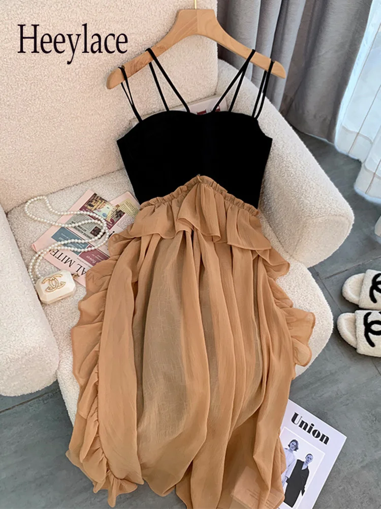 

Summer Dresses For Women Korean Sling Ruffles Patchwork Long Dresses French Vintage High Waist Evening Party Vestidos De Fiesta