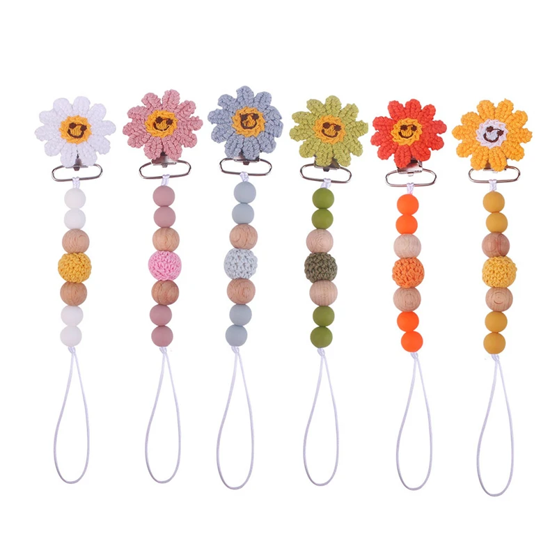 

Newborn Dummy Clip Cute Sunflower Pacifier Clips Wooden Silicone Beads Baby Pacifier Holder Safe Teething Chain Baby Teether Toy