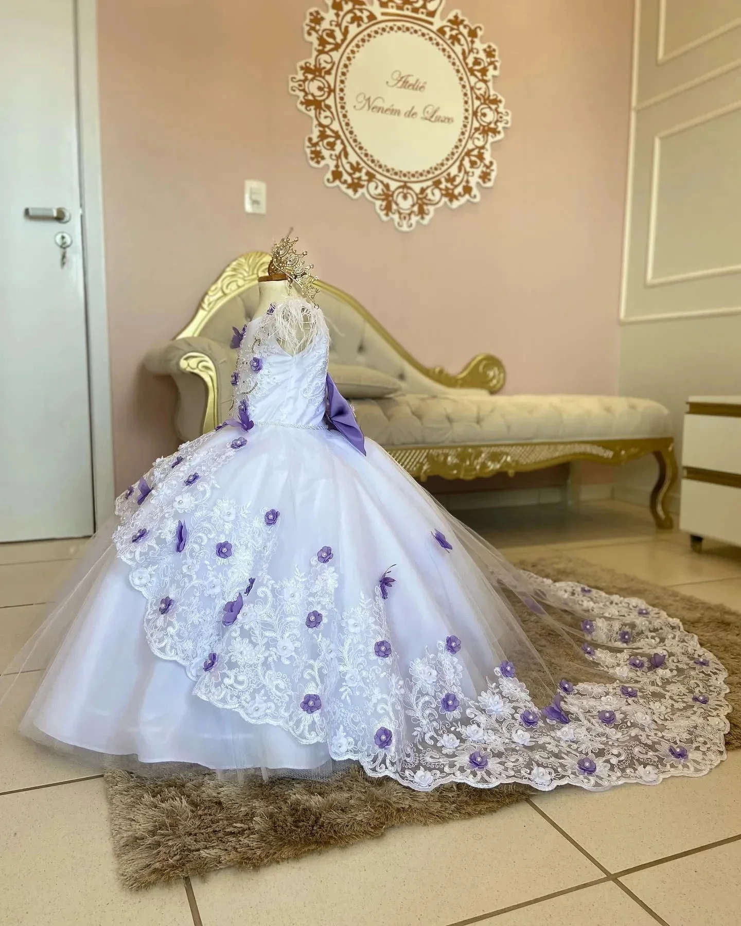 Белое Цветочное платье для девочки свадебное кружевное фиолетовое с 3d цветочным