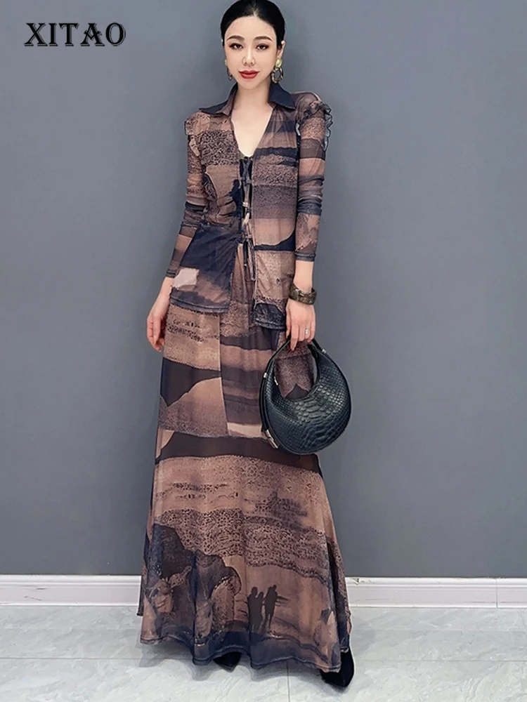 

XITAO топ с v-образным вырезом, повседневная юбка, Женский комплект из двух предметов, модный принт, уличная мода 2023, осенние женские новые комплекты, DMJ2501