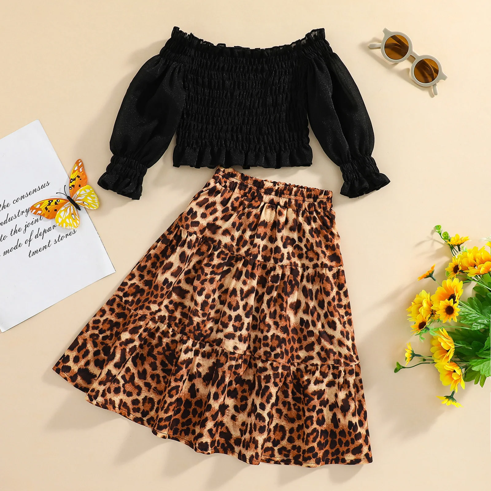 

Женские комплекты одежды для праздника из 2 предметов, футболки с открытыми плечами и рукавами с оборками, юбка-трапеция с леопардовым принт...