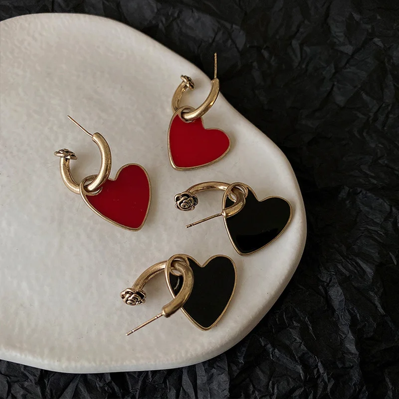 

Minar French Minimalist Black Red Color Love Heart Earring for Women Ladies Gold Color Hooks Dangle Earrings Vintage Jewelry
