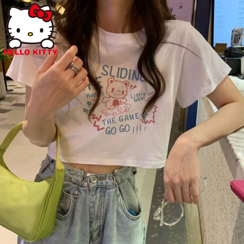 

Sanrio Hello Kitty Sexy Crop Tops Girls Short Sleeve T-shirt Y2K Slim Tees Japanese Anime Cute Top Leaky Navel Clothes For Women