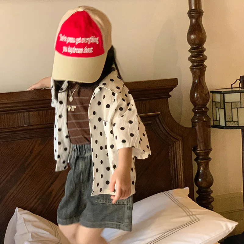 

2023 Summer New Children Sunscreen Clothing Kid Boy Girls Pokal Dot Lapel Shirt Toddler Single Breasted Short Sleeve Casual Tops