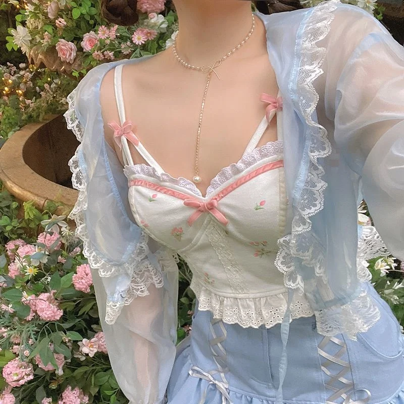 Floral Women Sun Protection Cardigan Shirt White Backless Sexy Beach Sweet Cute Tanks Tops Lace Print Korean Kawaii Clothing