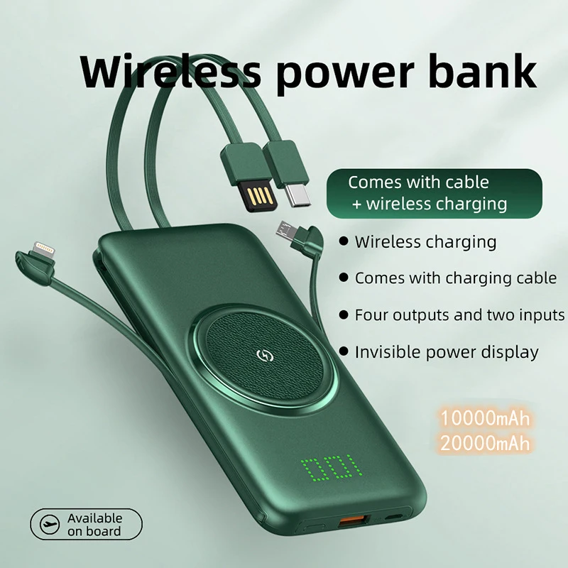 

20000mAh Power Bank Qi Wireless Charger Built in Cable Powerbank for iPhone 13 12 11 pro Samsung S22 S21 Huawei Xiaomi Poverbank