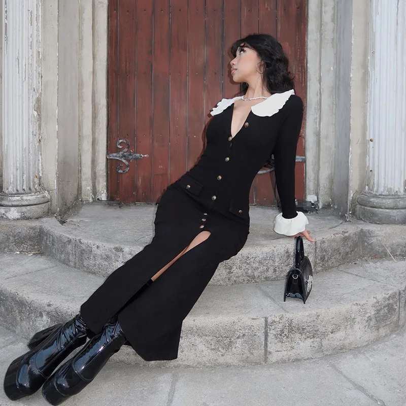 Элегантное трикотажное длинное платье женское однобортное облегающее с