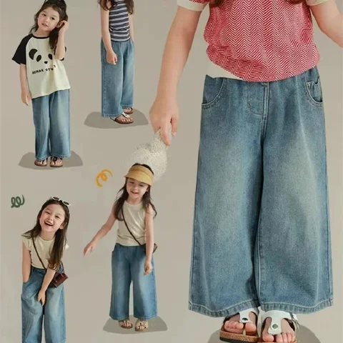 Свободные штаны для девочек, джинсы с широкими штанинами и множеством карманов на резинке, Новинка лета 2023, детская одежда