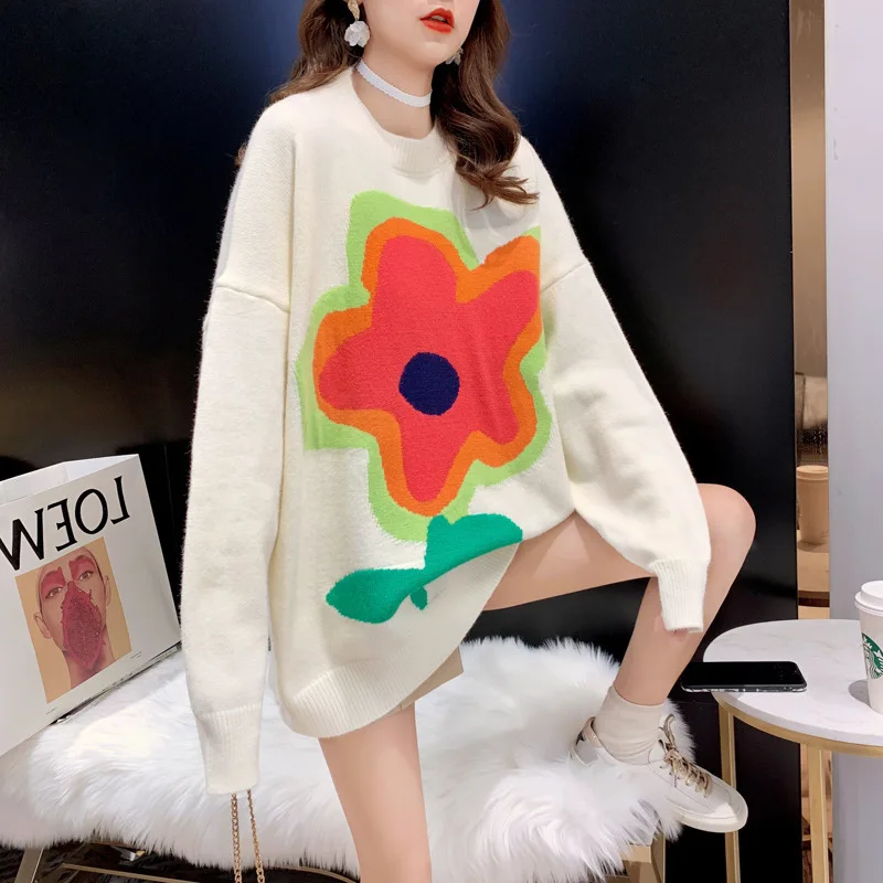 DAYIFUN Autumn Winter Knitted Sweater Women Kawaii Flower Patchwork Pullovers Korean Fashion O-neck Long-sleeves Loose Knitwear