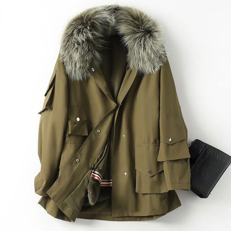 

Real Warm Autumn Rex Winter Rabbit Fur Liner Parkas 2023 Casual Raccoon Fur Collar Coats Female Jaqueta Feminina Gxy735