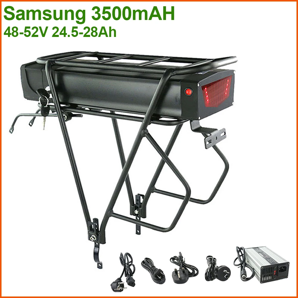 

Samsung 3500mAh Rear Rack eBike Battery 52V 48V 24.5Ah 31.5Ah With Taillight for 24-28 inch 1800W 1500W 1000W 750W 500W Motor