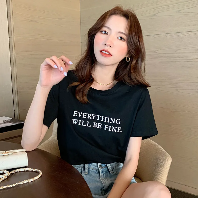 

Женская футболка с коротким рукавом, свободная Однотонная футболка большого размера с круглым вырезом и надписью, в Корейском стиле, лето ...