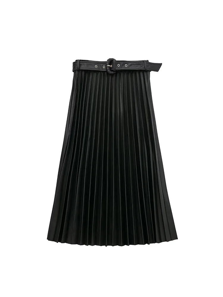 

BM&MD&ZA 3046331 Women 2022 New Chic Fashion With belt imitation leather Pleats Midi Skirt Vintage Female Skirts Mujer 3046/331