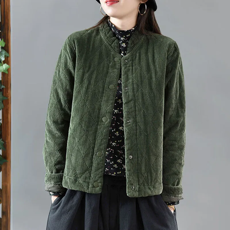 

Lucyever Vintage Corduroy Short Coat for Women Brown Stand-collar Cotton Casual Jacket Female Autumn Quilted Thicken Jackets Top